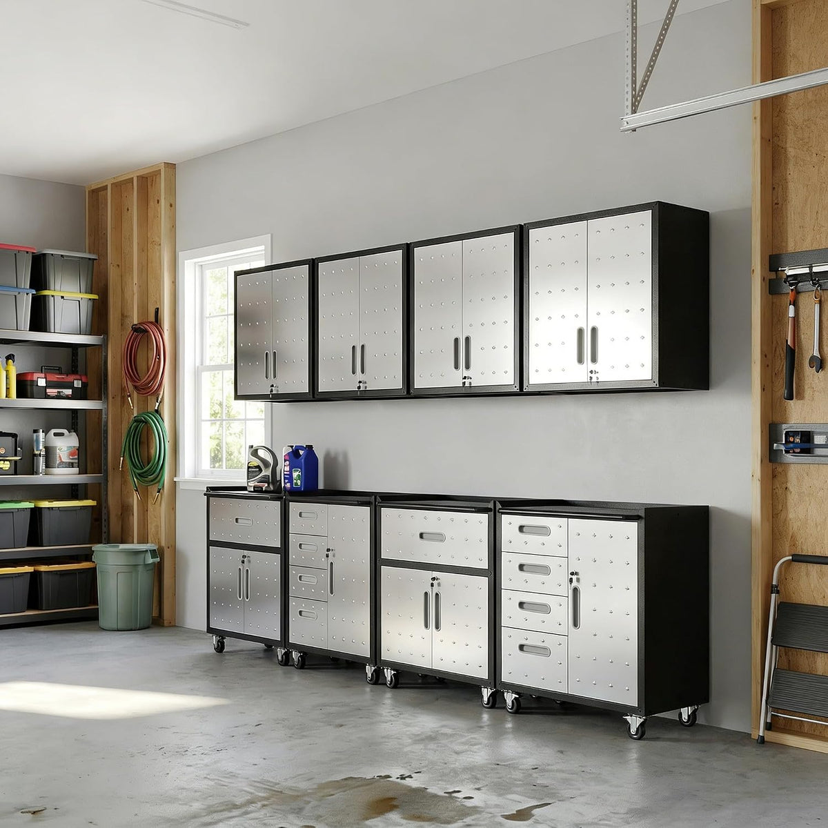 Garage Cabinet System | Heavy Duty Steel All-In-One Modular Garage Cabinet Set for Ultimate Workshop Organization | Easy Assembly Garage Storage Cabinets & Tool Bench