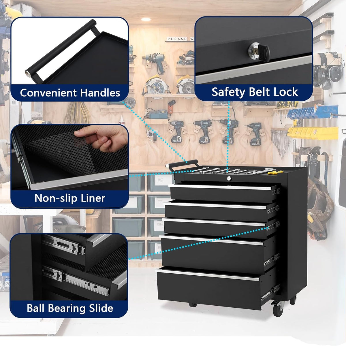 26" Rolling Tool Chest, 5-Drawer Tool Box, Wheels Lockable Tool Cabinet Organizer, Portable Tool Cabinet Organizer with Locking System & Drawer Liners, Tool Storage Cart for Garage, Workshop