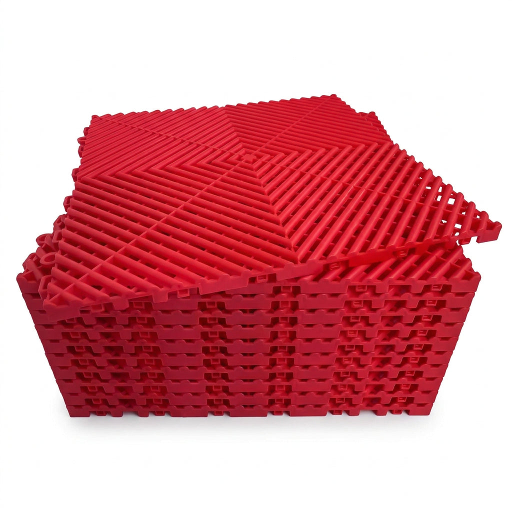 Interlocking Garage Floor Tiles, Rigid Drainage, 16"X16" 24 Pack Red