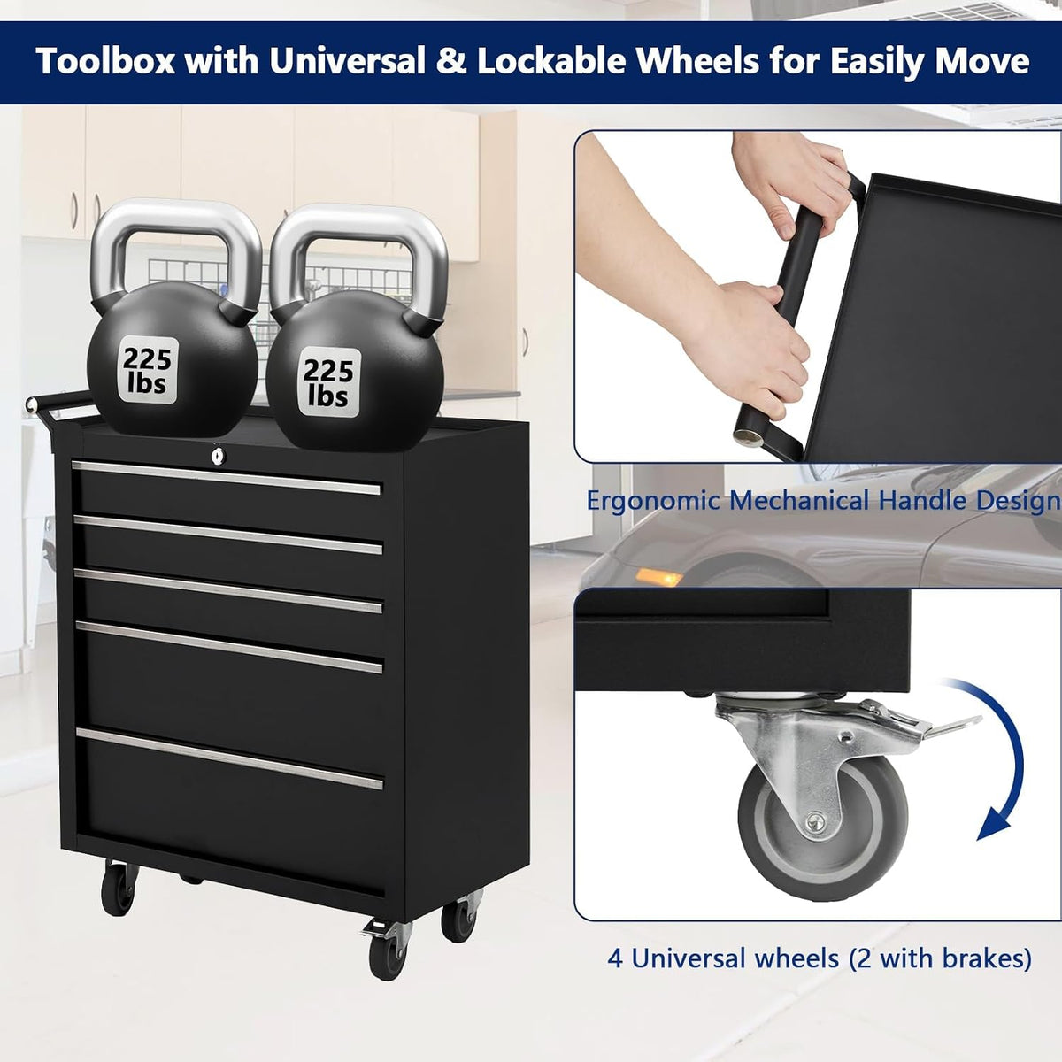 26" Rolling Tool Chest, 5-Drawer Tool Box, Wheels Lockable Tool Cabinet Organizer, Portable Tool Cabinet Organizer with Locking System & Drawer Liners, Tool Storage Cart for Garage, Workshop