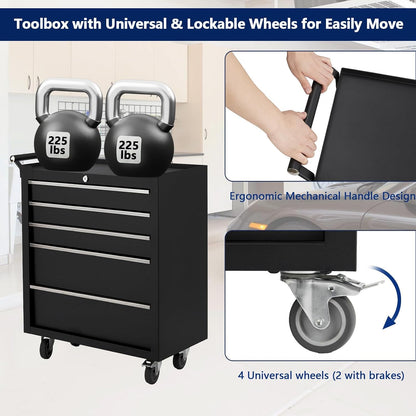 26" Rolling Tool Chest, 5-Drawer Tool Box, Wheels Lockable Tool Cabinet Organizer, Portable Tool Cabinet Organizer with Locking System & Drawer Liners, Tool Storage Cart for Garage, Workshop