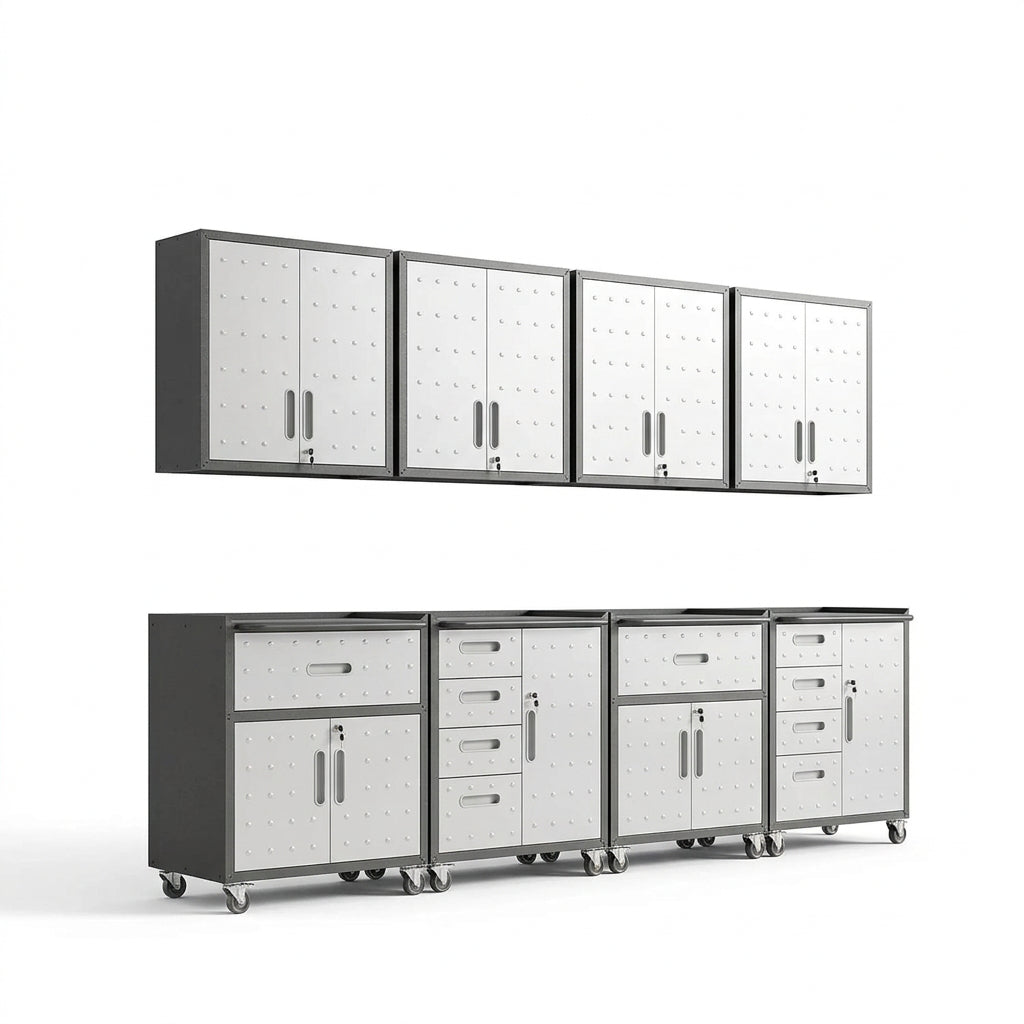 Garage Cabinet System | Heavy Duty Steel All-In-One Modular Garage Cabinet Set for Ultimate Workshop Organization | Easy Assembly Garage Storage Cabinets & Tool Bench