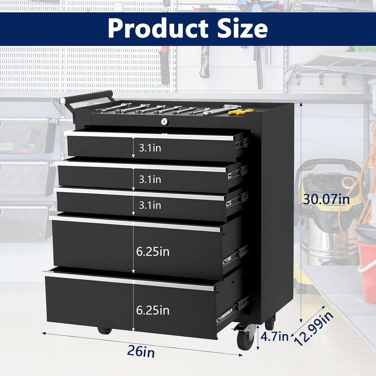 26" Rolling Tool Chest, 5-Drawer Tool Box, Wheels Lockable Tool Cabinet Organizer, Portable Tool Cabinet Organizer with Locking System & Drawer Liners, Tool Storage Cart for Garage, Workshop
