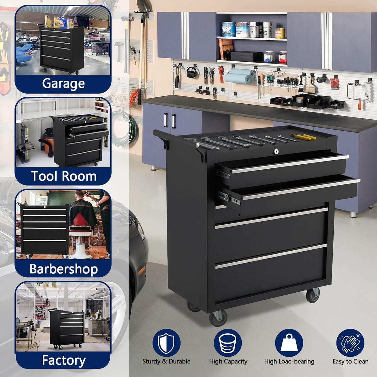26" Rolling Tool Chest, 5-Drawer Tool Box, Wheels Lockable Tool Cabinet Organizer, Portable Tool Cabinet Organizer with Locking System & Drawer Liners, Tool Storage Cart for Garage, Workshop