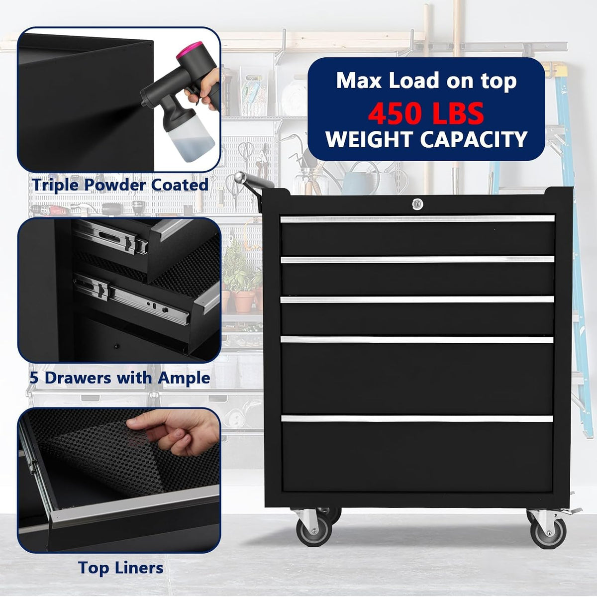 26" Rolling Tool Chest, 5-Drawer Tool Box, Wheels Lockable Tool Cabinet Organizer, Portable Tool Cabinet Organizer with Locking System & Drawer Liners, Tool Storage Cart for Garage, Workshop