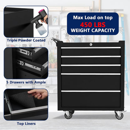 26" Rolling Tool Chest, 5-Drawer Tool Box, Wheels Lockable Tool Cabinet Organizer, Portable Tool Cabinet Organizer with Locking System & Drawer Liners, Tool Storage Cart for Garage, Workshop