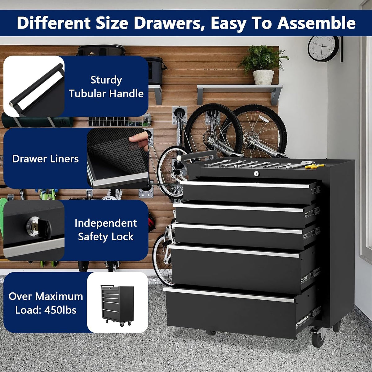 26" Rolling Tool Chest, 5-Drawer Tool Box, Wheels Lockable Tool Cabinet Organizer, Portable Tool Cabinet Organizer with Locking System & Drawer Liners, Tool Storage Cart for Garage, Workshop