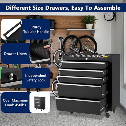 26" Rolling Tool Chest, 5-Drawer Tool Box, Wheels Lockable Tool Cabinet Organizer, Portable Tool Cabinet Organizer with Locking System & Drawer Liners, Tool Storage Cart for Garage, Workshop
