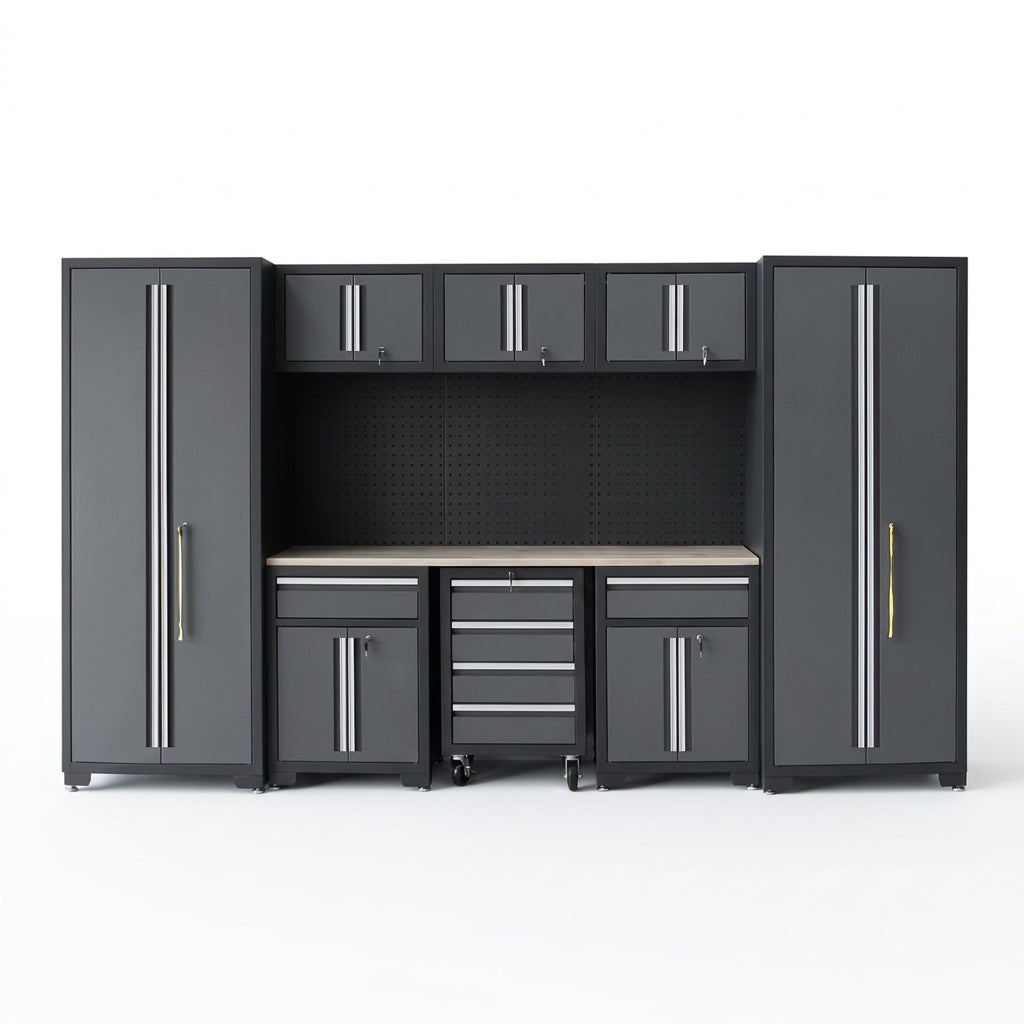 9-Piece Garage Shop Tool Storage Cabinet Set with Pegboard and Wooden Work Top 24 Gauge Steel Tool Chests & Garage Mounted Storage Systems - Black+Gray