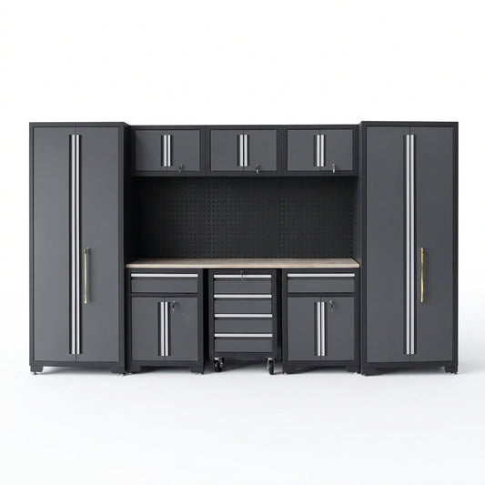 9-Piece Garage Shop Tool Storage Cabinet Set with Pegboard and Wooden Work Top 24 Gauge Steel Tool Chests & Garage Mounted Storage Systems - Black+Gray