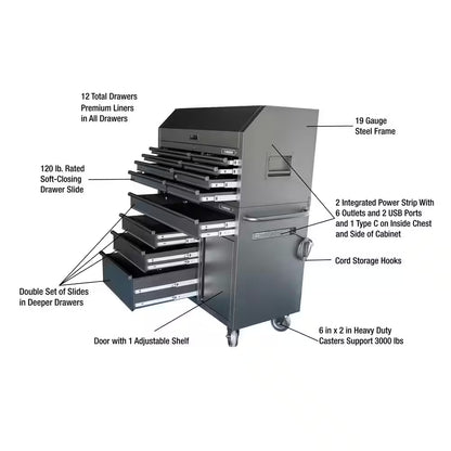 HD 46 In. Wide 24.5 In. Deep 12-Drawer Tool Chest and Rolling Cab Set, Matte Black